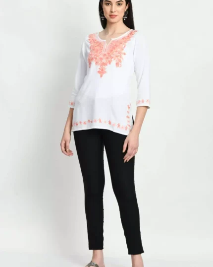 White Kashmiri Embroidered Short Kurti